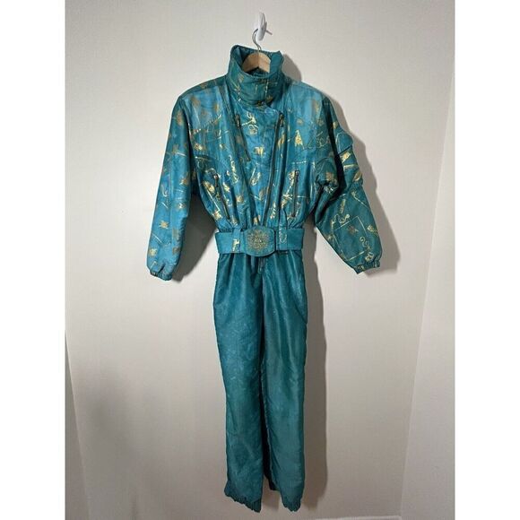 NILS Skiwear One-Piece Teal and Gold Metallic Ski Suit & Accessories Women 8 - Picture 1 of 11